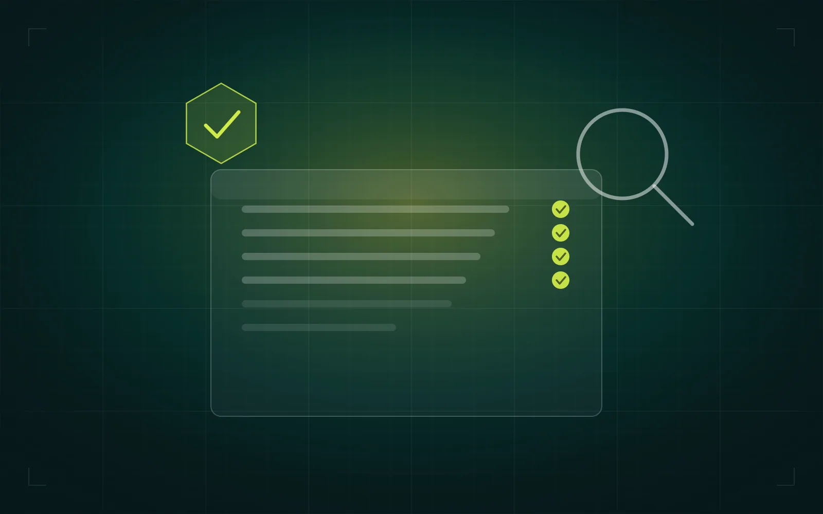 Document under review with checked lines, a verification seal and a magnifier.